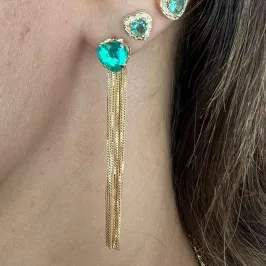 Brinco de Franja com Pedra Verde (Par) - Banhado a Ouro 18K