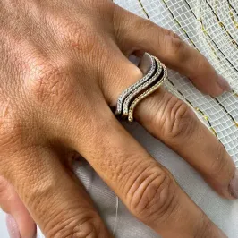 Anel Triplo Cravejado e 3 Banhos Dourado, Prateado e Rosê