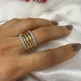 Anel 5 Fileiras e 2 com Zircônias - Banhado a Ouro 18K