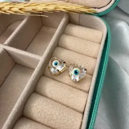 Brinco Cristal Coração Olho Grego - Banhado a Ouro 18K