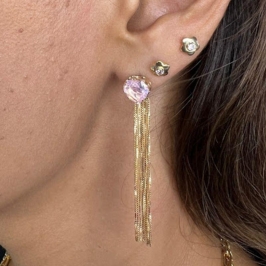 Brinco de Franja com Pedra Rosa (Par) - Banhado a Ouro 18K
