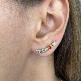 Brinco Ear Cuff Zircônias Coloridas - Banhado em Ouro18k