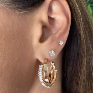 Argola  Dupla e 1 Cravejado Zircônias Baguete - Banhado a Ouro 18K