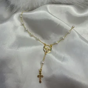 Pulseira Terço com Pérolas e Divino Espirito Santo- Banhado a Ouro 18K