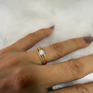 Anel Solitário Com 3 Aros e Zircônia - Banhado a Ouro 18K