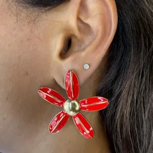 Brinco Flor Esmaltado Vermelho - Banhado Ouro 18K