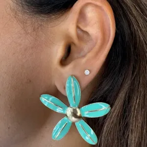Brinco Flor Esmaltado Verde - Banhado Ouro 18K