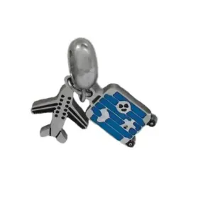Berloque Avião e Mala Azul  - Aço Inoxidável