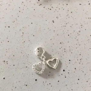 Berloque Coração Cravejado e Coração Love Forever - Prata 925