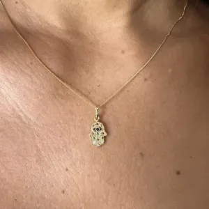 Colar Corrente Veneziana Mão De Fátima Com Zirconias Coloridas - Banhado a Ouro 18K