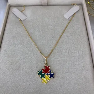 Colar Pingente Quebra Cabeça Autismo - Banhado a Ouro 18K