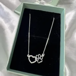 Colar Coração Cravejado e Patinha Pet - Prata 925