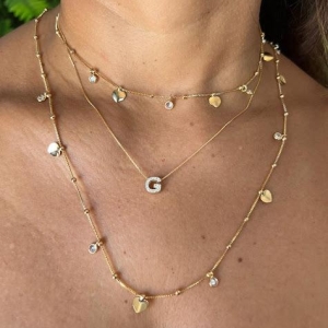 Choker com Bolinhas Coração Liso e Ponto de Luz - Banhado a Ouro 18K