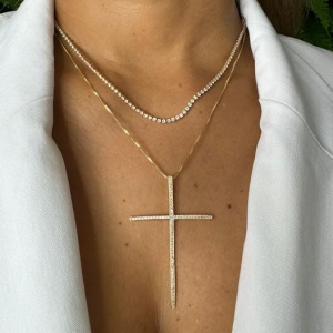 Colar Corrente Veneziana com Cruz Cravejada  Zircônias - Banhado a Ouro 18K