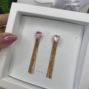 Brinco de Franja com Pedra Rosa (Par) - Banhado a Ouro 18K