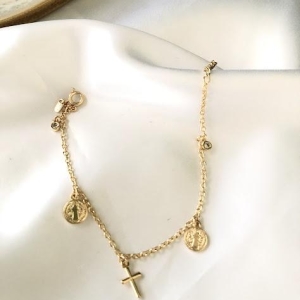 Pulseira São Bento Medalha e Crucifixo - Banhado a Ouro 18k