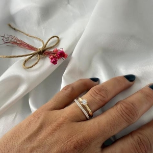 Anel Aro Duplo Solitário Cravejado Microzircônias - Banhado a Ouro 18K