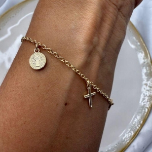 Pulseira São Bento Medalha e Crucifixo - Banhado a Ouro 18k