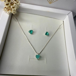 Conjunto Colar e Brinco Coração Verde - Prata 925