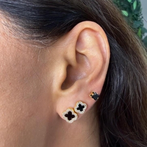 Dupla de Brincos Trevo Resinado Preto Cravejado Microzircônias - Banhado a Ouro 18k