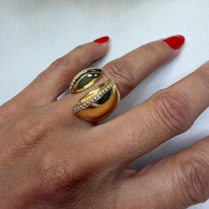 Anel Regulável com Filetes Cravejados - Banhado a Ouro