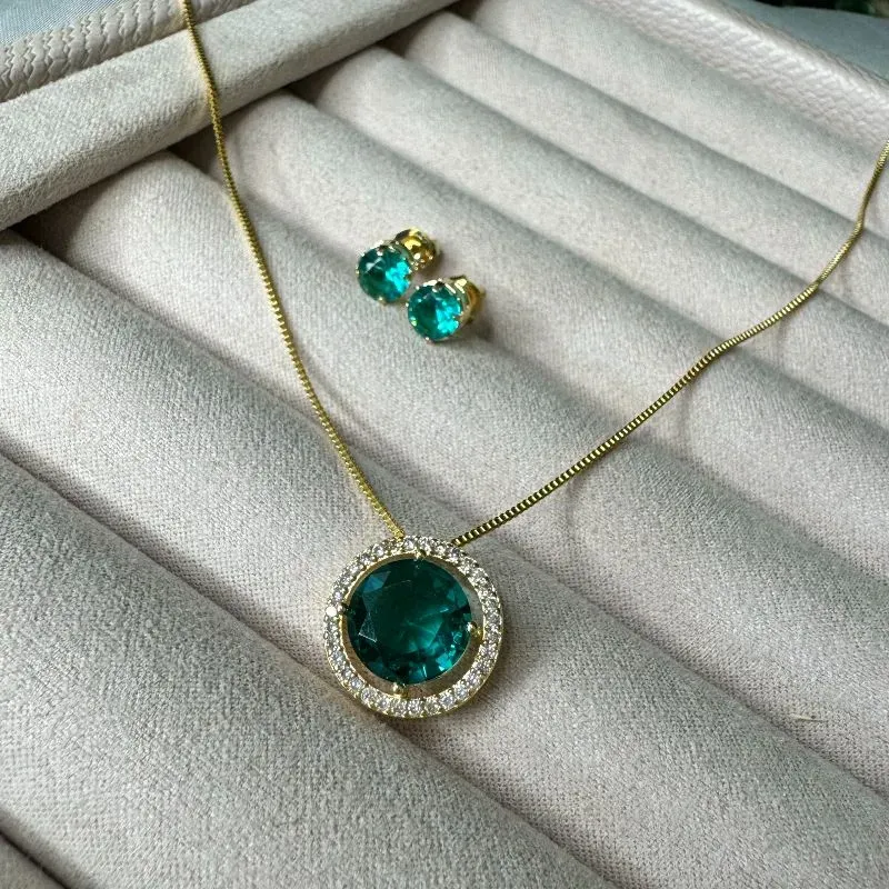 Conjunto Colar e Brinco Pedra Verde - Banhado a Ouro 18K