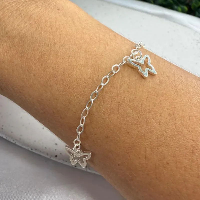 Pulseira em Elos e Borboletas Vazadas - Prata 925