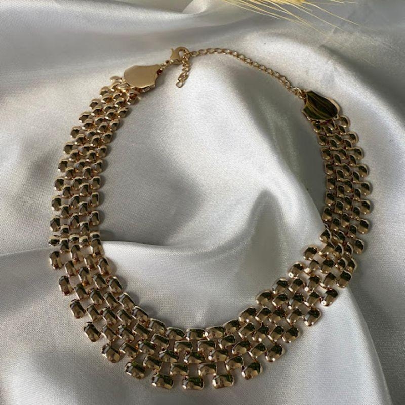 Colar Choker Malha Trabalhada Lisa 44cm - Banhado a Ouro 18K