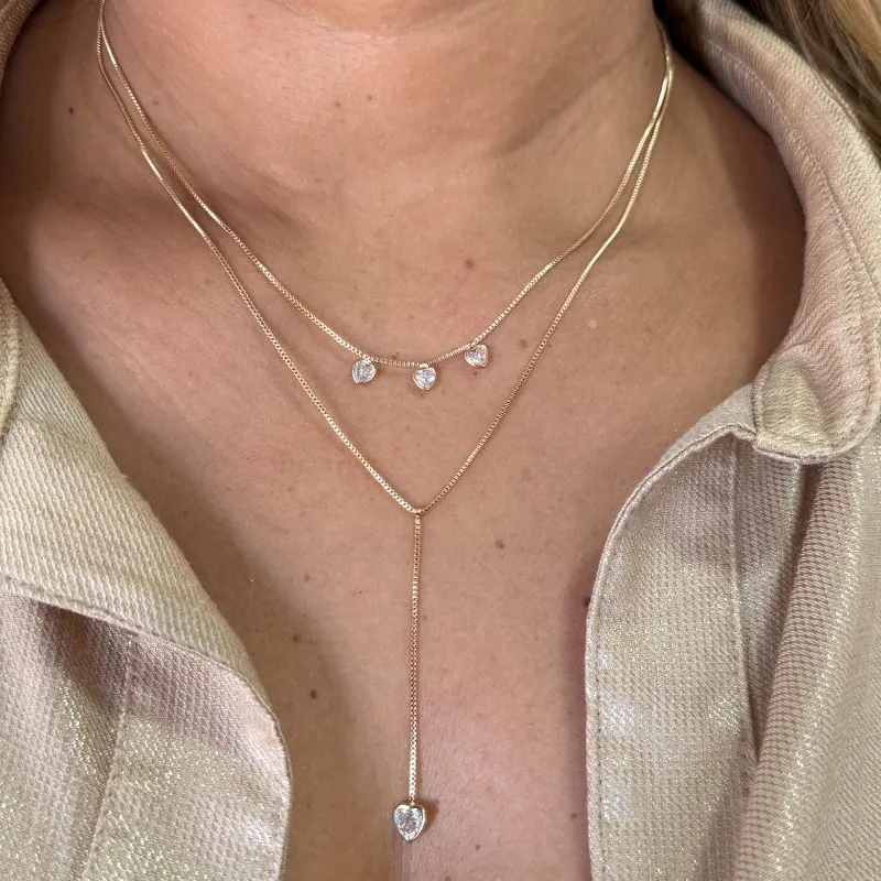 Colar Duplo Gravatinha Corações Zircônias - Banhado a Ouro 18K