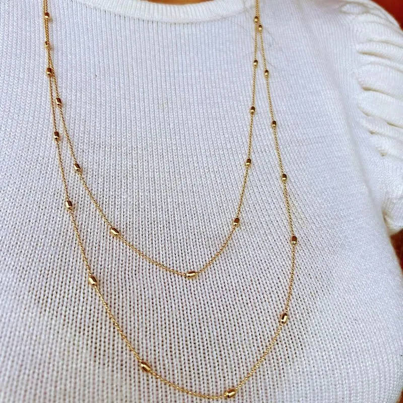 Colar Longo Duplo Corrente de Bolinhas - Banhado a Ouro 18K