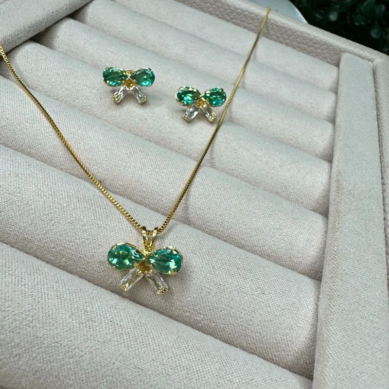 Conjunto Colar e Brinco Laço Navete Verde e Cristal - Banhado a Ouro 18K