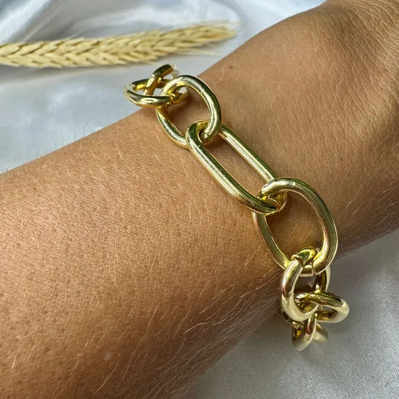 Pulseira Correntaria Elos Grandes - Banhado a Ouro 18k