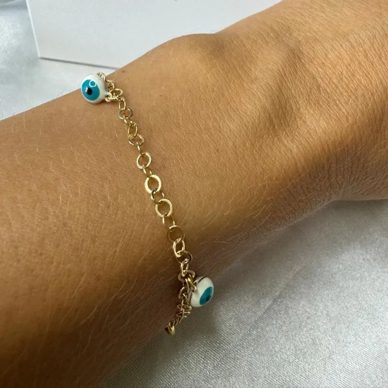 Pulseira Elo Português com Bolinhas de Olho Grego - Banhado a Ouro 18k
