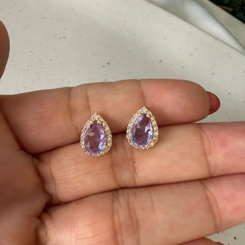 Brinco Gota Zircônia Lilás - Banhado a Ouro 18k
