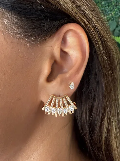 Brinco Ear Cuff Cravejada e Gotas Zircônias - Banhado a Ouro 18K