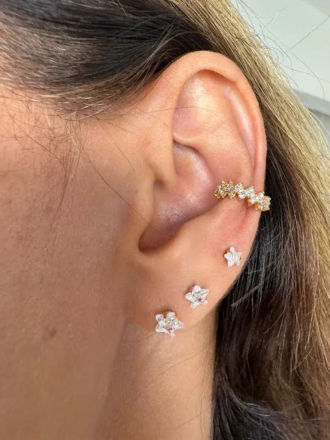 Brinco Trio Ponto de Luz Estrela de Zircônia - Banhado Ouro 18k