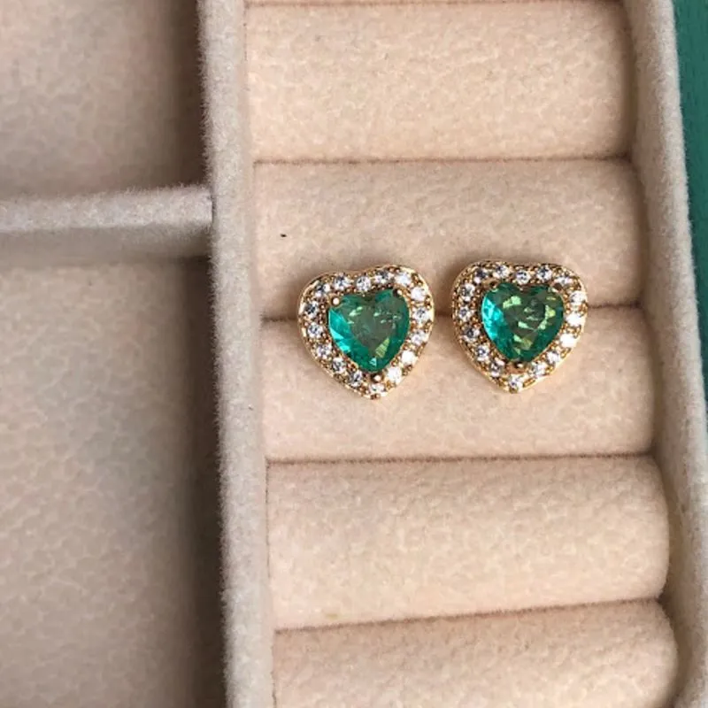Brinco Coração Verde Turmalina Cravejado - Banhado a Ouro 18K