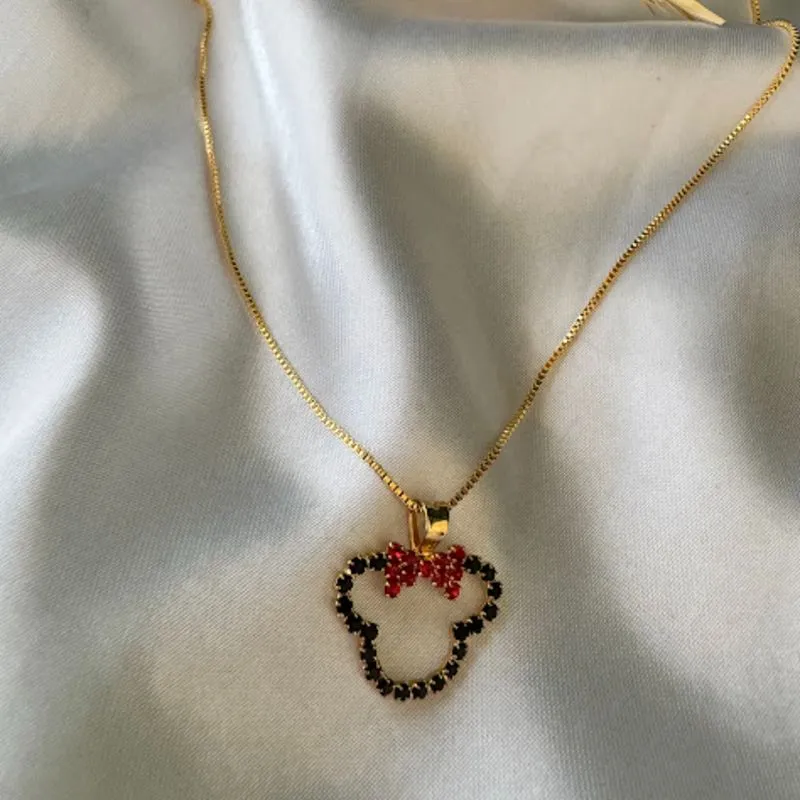 Colar Infantil Minnie Cravejado Zircônias Coloridas - Banhado a Ouro 18K