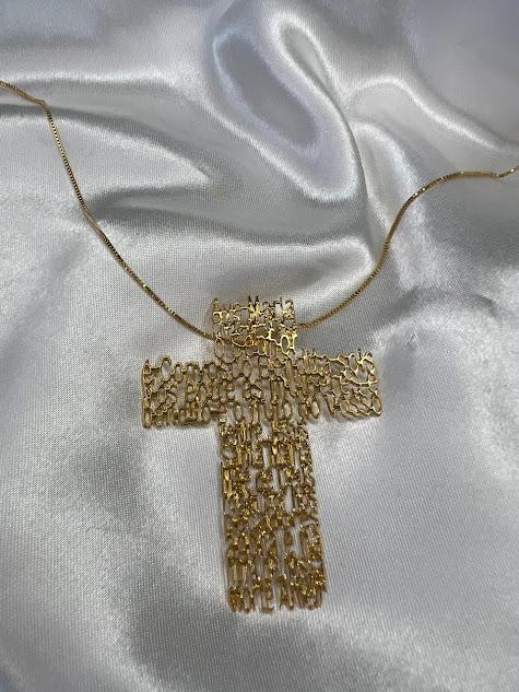 Colar Pingente Cruz Oração Ave Maria - Banhado a Ouro 18K