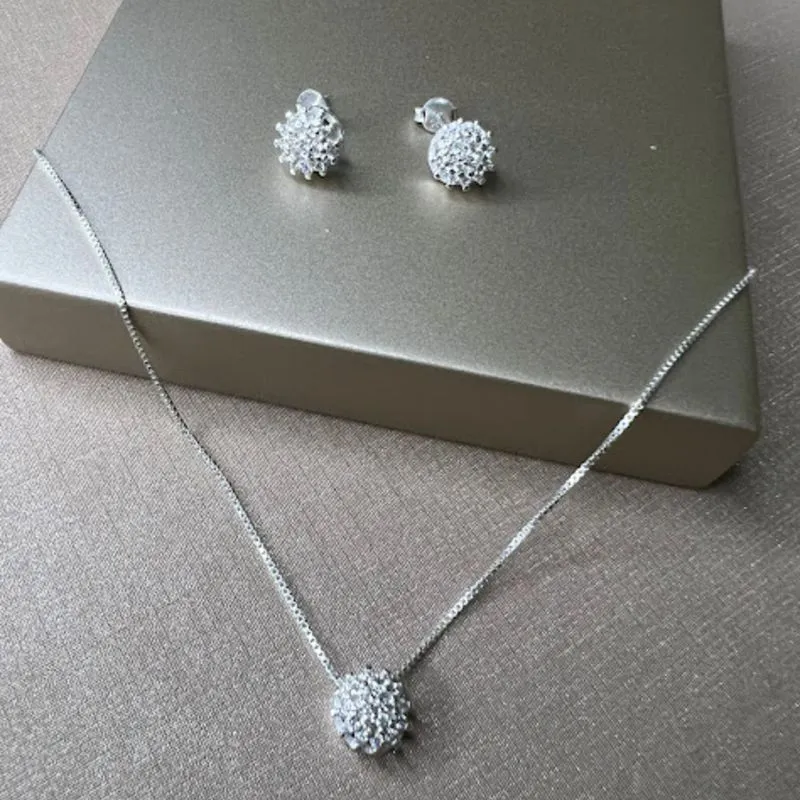 Conjunto Colar e Brinco Chuveiro Cravejado Zircônias - Prata925