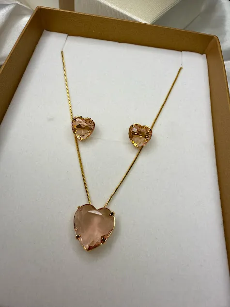 Conjunto Colar e Brinco Coração de Zircônia Nude - Banhado a Ouro 18K