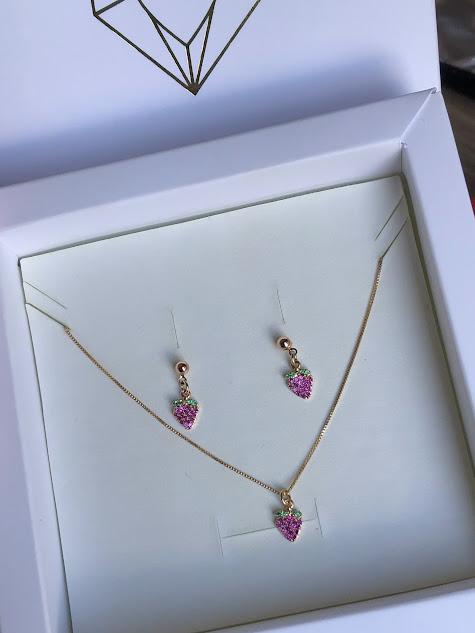 Conjunto Infantil Colar e Brincos Uva Zircônias Coloridas - Banhado a Ouro 18K