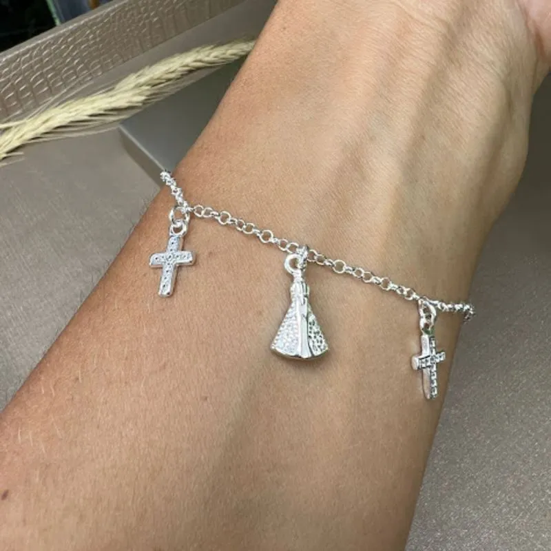 Pulseira Pingente Nossa Senhora Aparecida e Cruz Cravejados - Prata 925