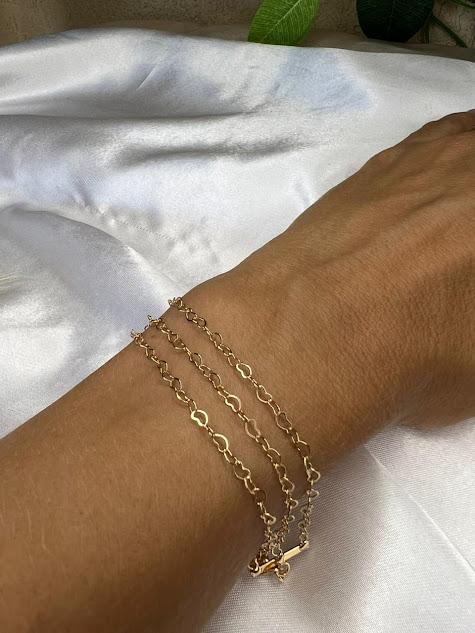 Pulseira Tripla Elos de Corações - Banhado a Ouro 18K