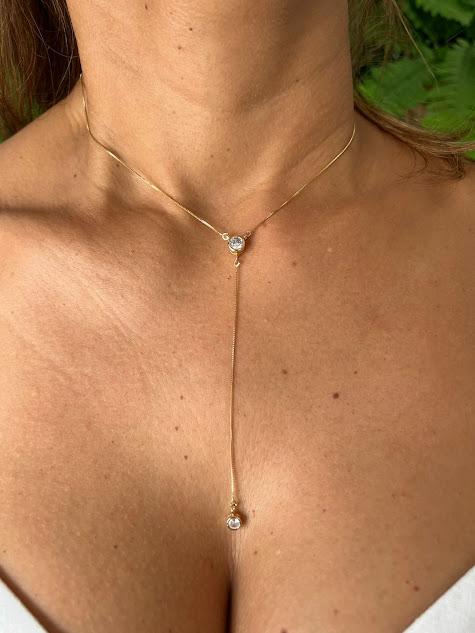 Colar Estilo Gravatinha com Ponto de Luz - Banhado a Ouro 18K
