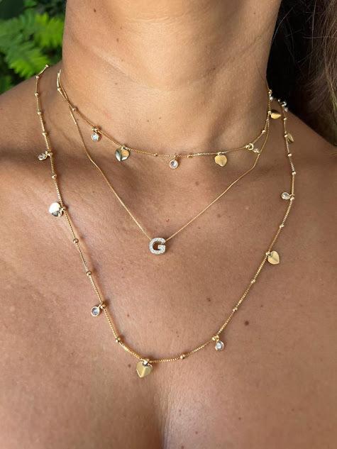 Choker com Bolinhas Coração Liso e Ponto de Luz - Banhado a Ouro 18K