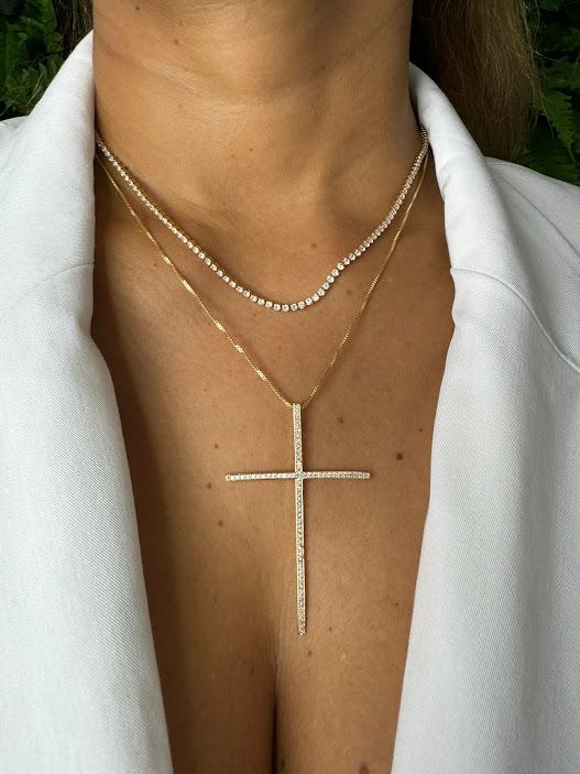 Colar Corrente Veneziana com Cruz Cravejada  Zircônias - Banhado a Ouro 18K