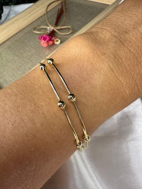Bracelete 2 Fios com Bolinhas - Banhado a Ouro 18K
