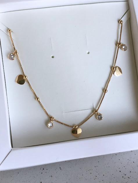 Choker com Bolinhas Coração Liso e Ponto de Luz - Banhado a Ouro 18K