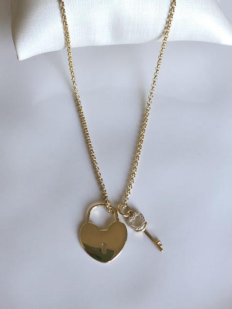 Colar com Pingente Cadeado de Coração e Chave Cravejada 50cm - Banhado a Ouro 18K